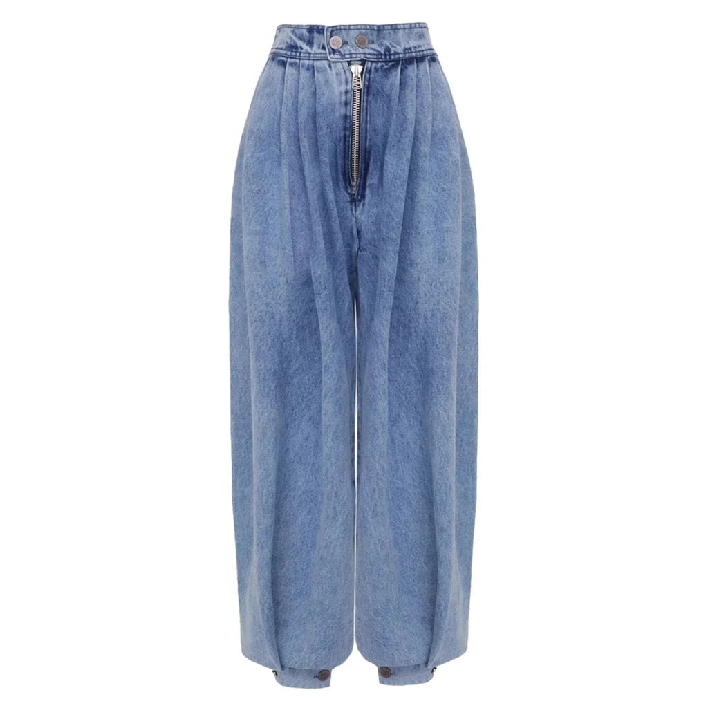 Women's Wide-Leg Jeans with Embellished Crystal Detail - Blue