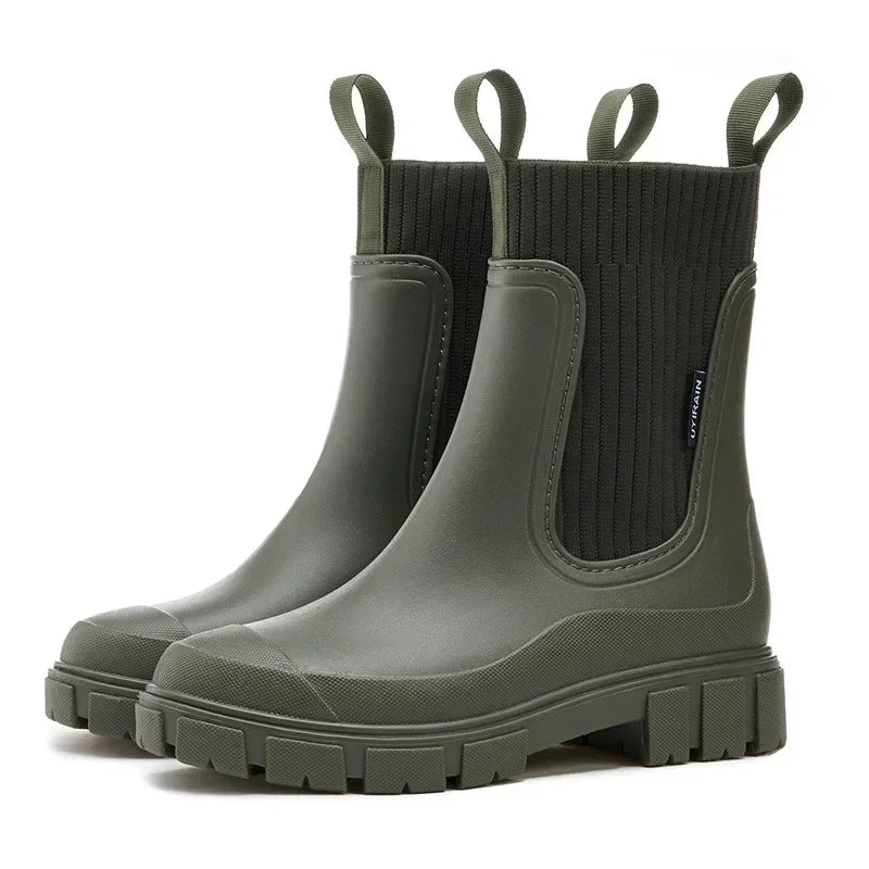 Women's Chelsea Rain Boots with Elastic Panels and Comfort Sole - Green