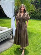 Women's Midi Dress with V-Neck and Tie Waist - 5