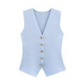 Women's Knitted Waistcoat Sleeveless with V-Neck and Button Front - Blue