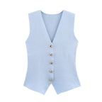 Women's Knitted Waistcoat Sleeveless with V-Neck and Button Front - Blue