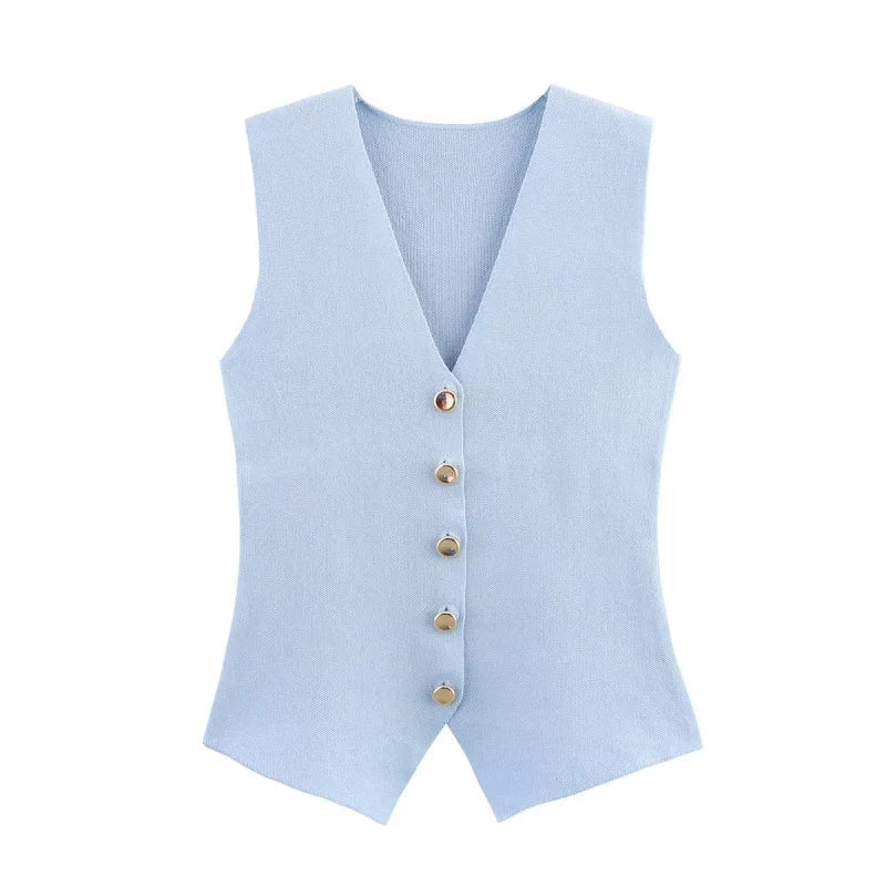 Women's Knitted Waistcoat Sleeveless with V-Neck and Button Front - Blue
