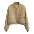 Women's Bomber Jacket with Patch Pockets and Ribbed Trim - Khaki