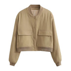 Women's Bomber Jacket with Patch Pockets and Ribbed Trim - Khaki