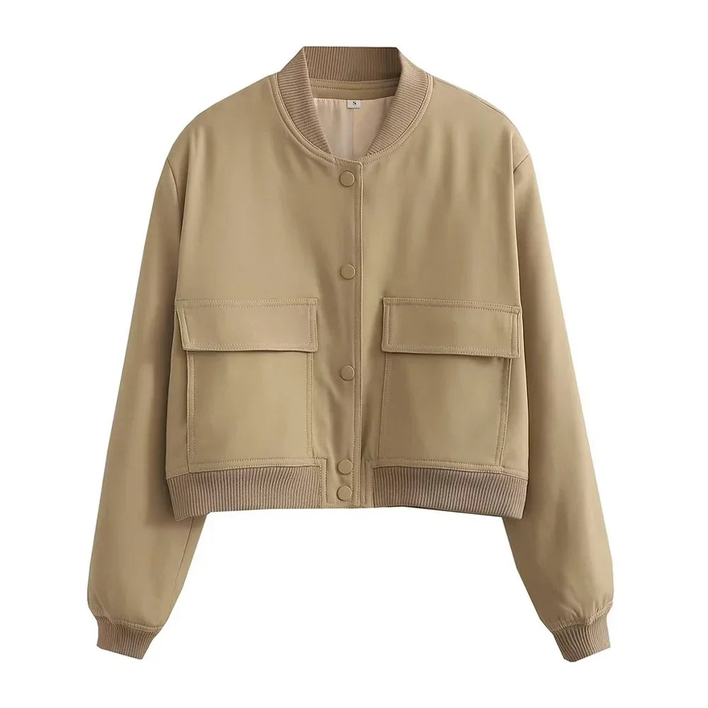 Women's Bomber Jacket with Patch Pockets and Ribbed Trim - Khaki
