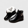 Women's Ankle Boots with Buckle Detail and Faux Fur Trim - Black White