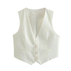Women's Cropped Tailored Vest with Button Front and V-Neck - Ivory