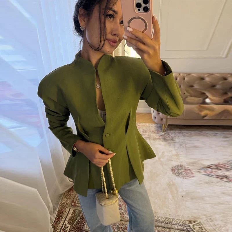 Women's Pleated Blazer Jacket with Wrap Front and Button Detail - Green Jacket B