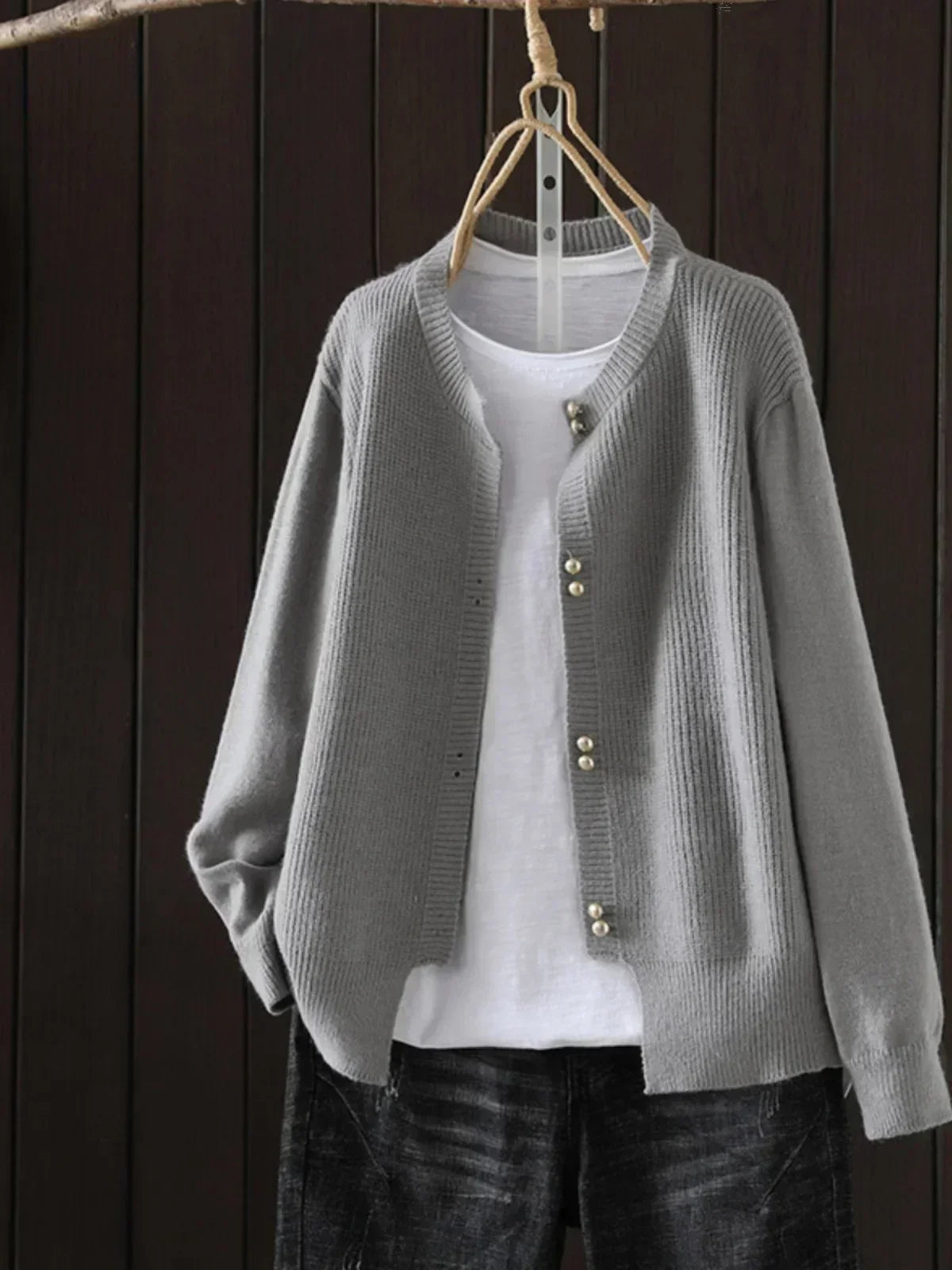 Women's Cardigan with Pearl-Effect Buttons and Relaxed Fit - Grey