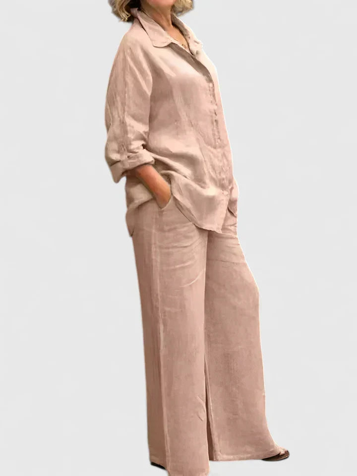 Women's Two-Piece Set Long Sleeve Shirt with Wide-Leg Trousers - 10