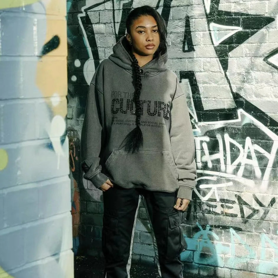 Unisex Hoodie with Rhinestone Statement Text and Relaxed Fit - 2