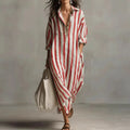 Women's Striped Maxi Dress Relaxed Fit with Collar and Long Sleeves - Red