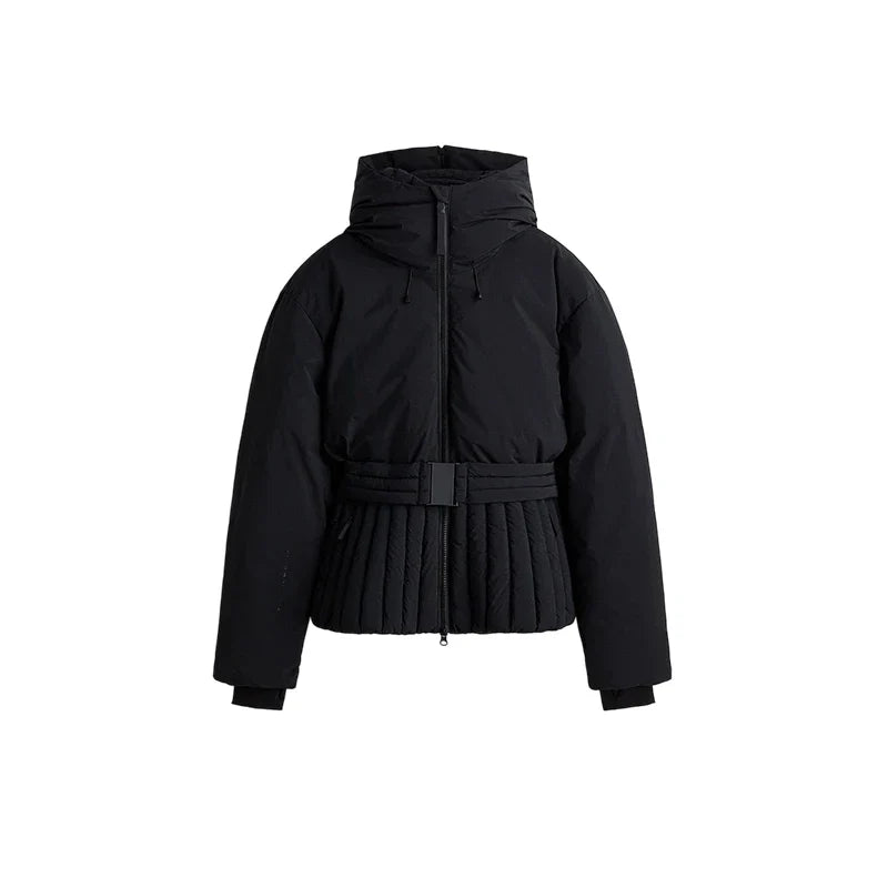 Women's Ski Jacket with Detachable Hood, Belted Fitted Waist - Black