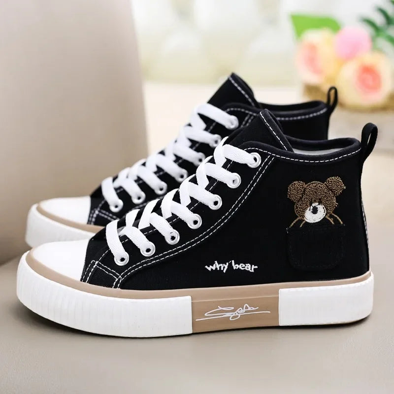 Women's High-Top Canvas Trainers with Embroidered Pocket Detail - 2