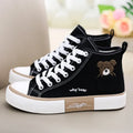 Women's High-Top Canvas Trainers with Embroidered Pocket Detail - Black