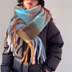 Women's Oversized Checked Scarf with Fringed Edges - Light Blue