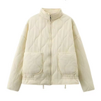 Women's Quilted Jacket with Pockets and Drawstring Waist - Ivory Yellow