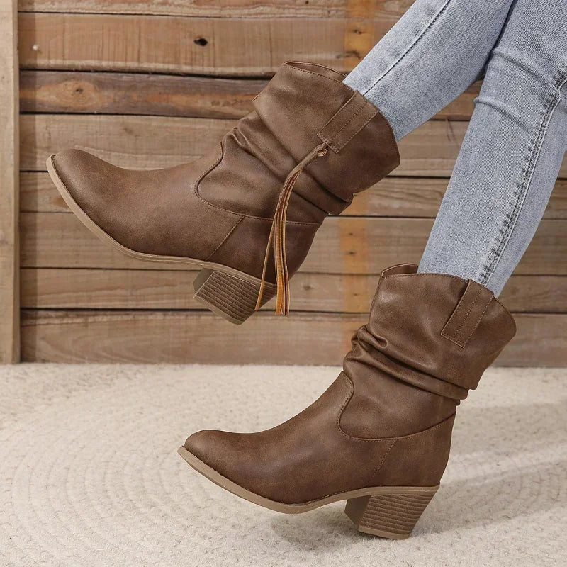 Women's Western Ankle Boots with Braided Tassel Strap and Block Heel - 5