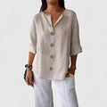 Women's Blouse V-Neck with Button Front and Relaxed Fit - Apricot