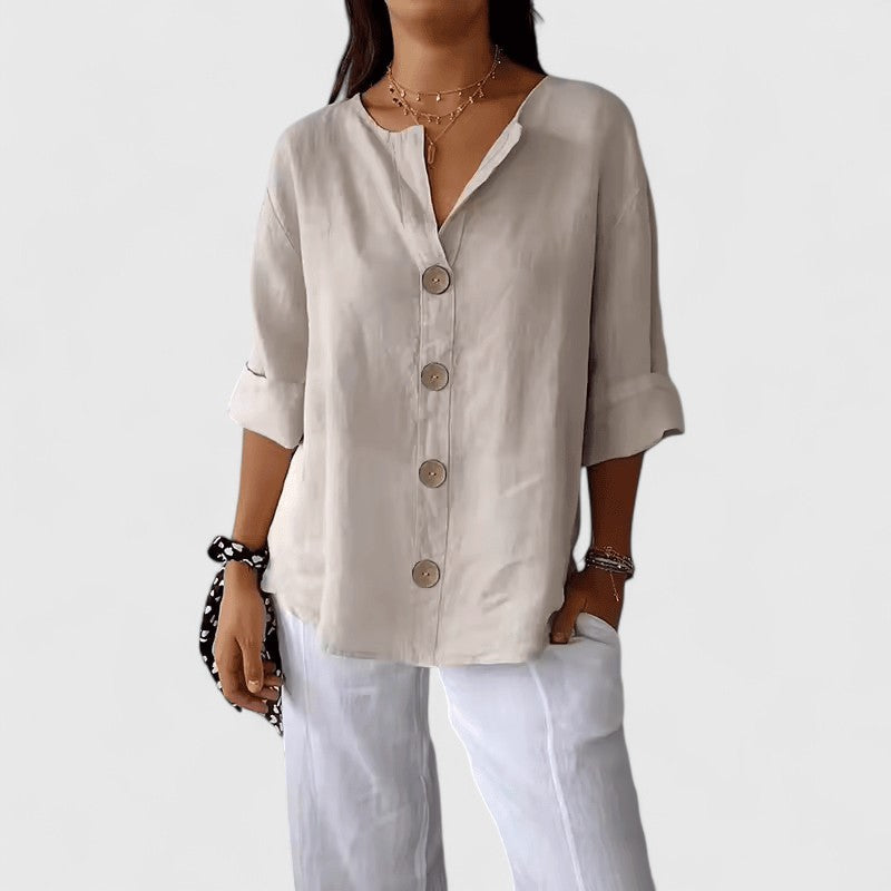 Women's Blouse V-Neck with Button Front and Relaxed Fit - Apricot