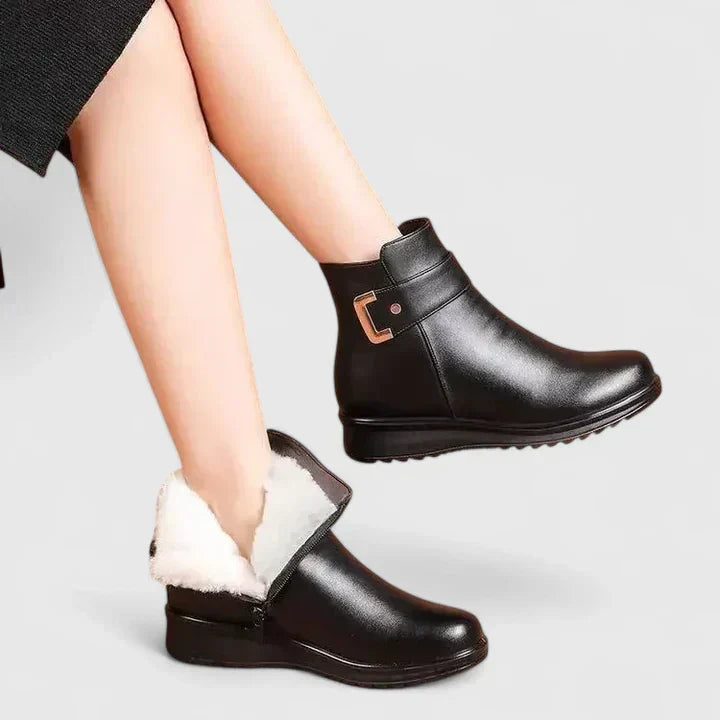 Women's Ankle Boots with Buckle Detail and Faux Fur Trim