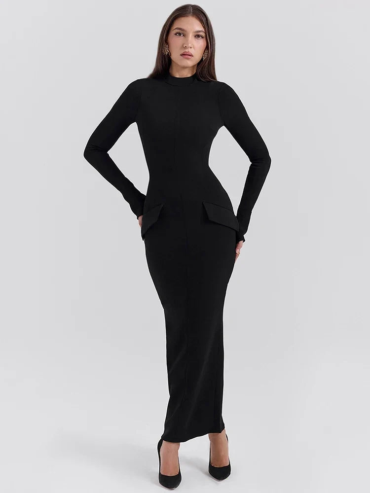 Women's Long Sleeve Bodycon Maxi Dress with O-Neck and Side Pockets - 2