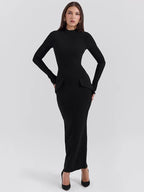 Women's Long Sleeve Bodycon Maxi Dress with O-Neck and Side Pockets - 8