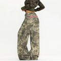Women's Wide Leg Jeans with Camo Print and Embroidery - 4