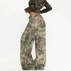 Women's Wide Leg Jeans with Camo Print and Embroidery - 4