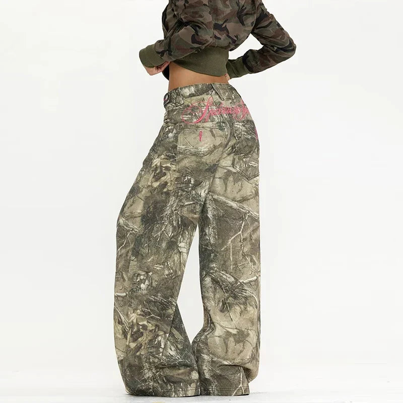 Women's Wide Leg Jeans with Camo Print and Embroidery - 4