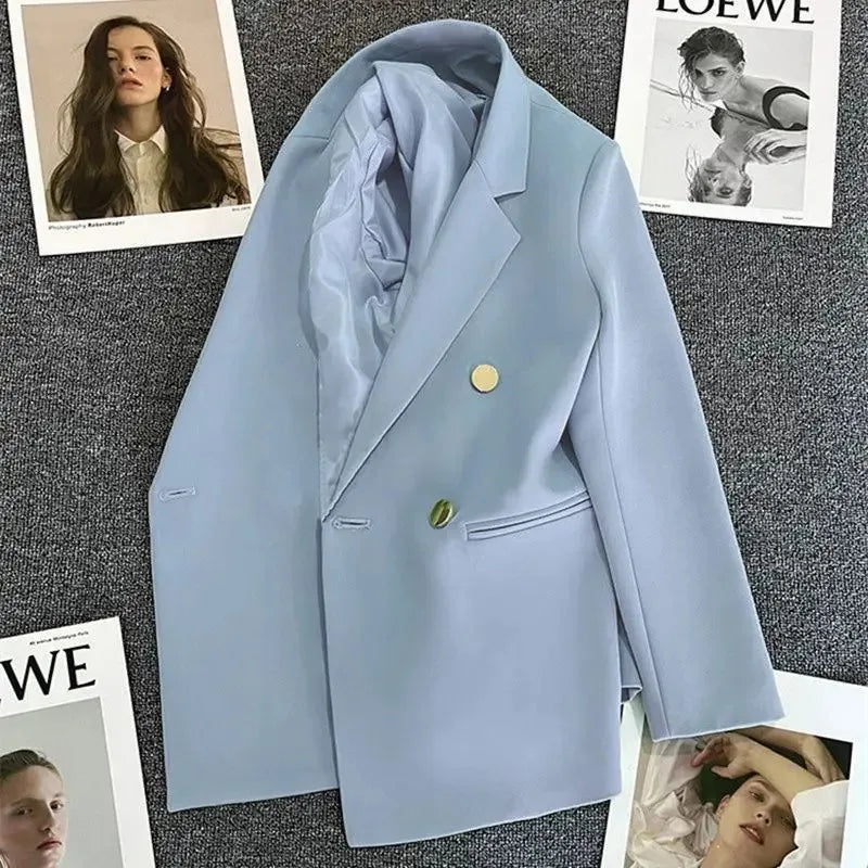 Women's Blazer Double-Breasted with Notched Lapel and Structured Fit - Light Blue