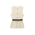 Women's Waistcoat Sleeveless with Gold Buttons and Belted Waist - White
