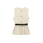 Women's Waistcoat Sleeveless with Gold Buttons and Belted Waist - White