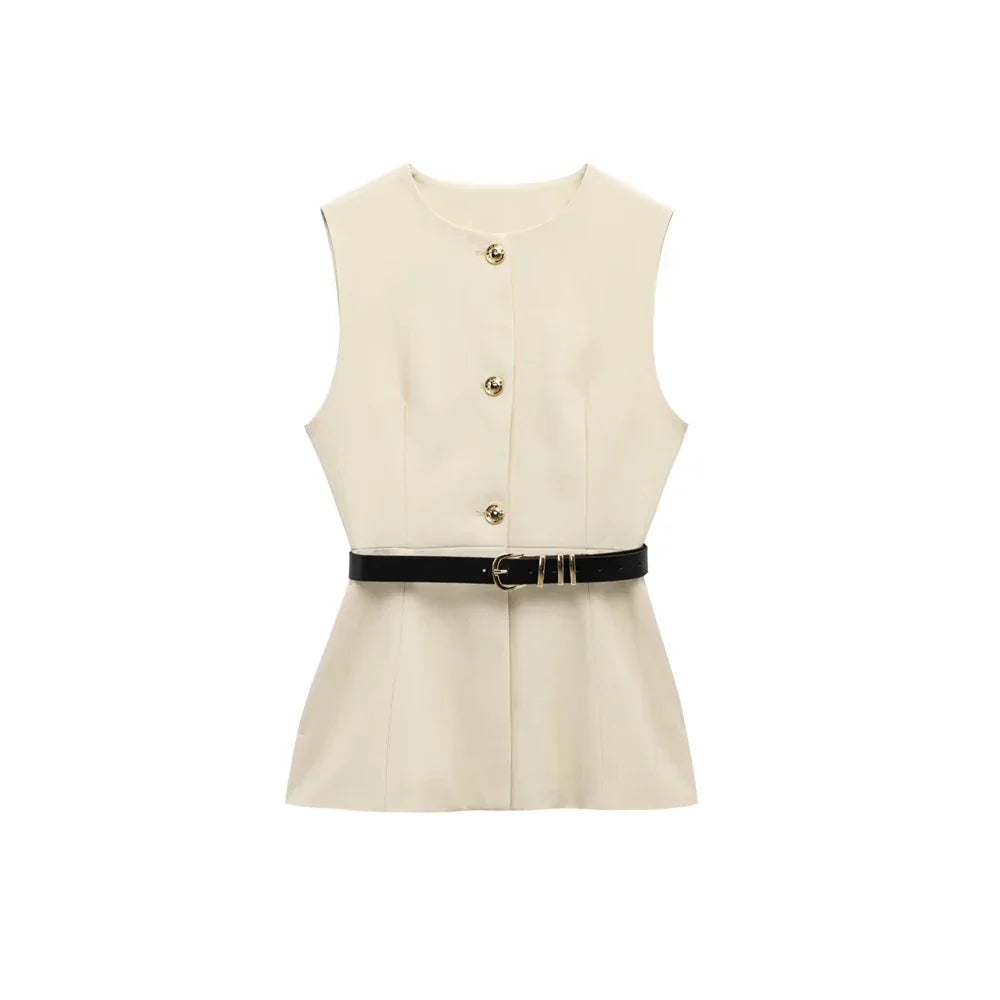 Women's Waistcoat Sleeveless with Gold Buttons and Belted Waist - White