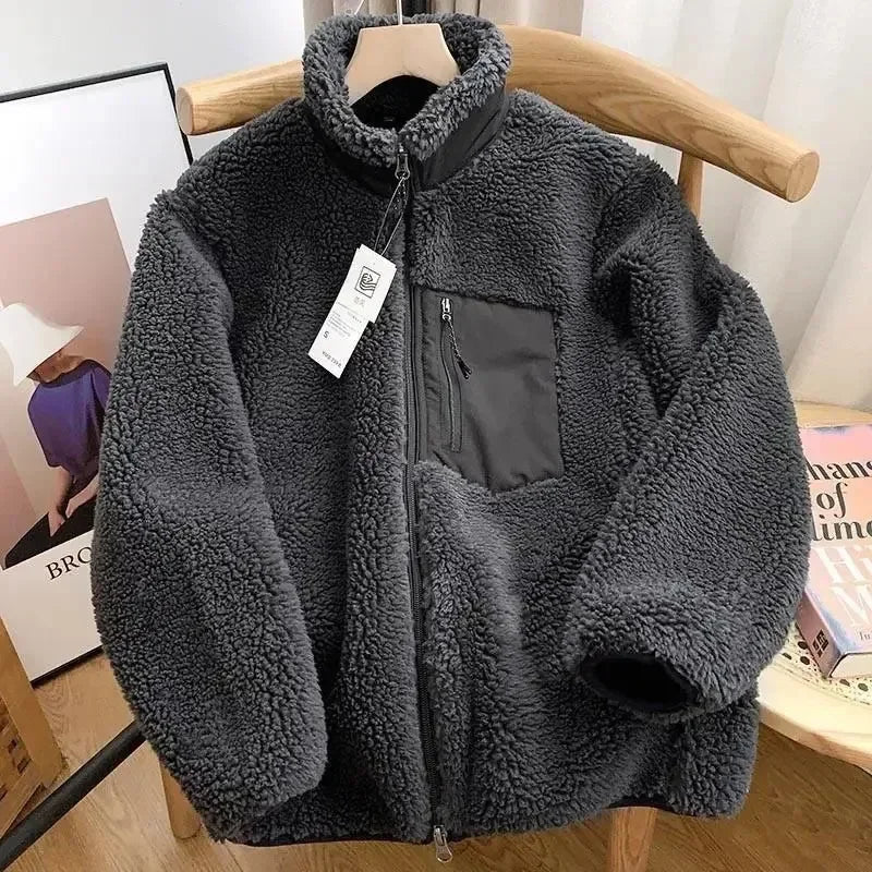 Women's Teddy Coat with High Collar and Zip Pocket - Shade D