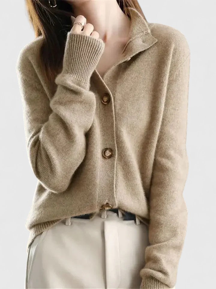 Women's Cardigan Button-Up with Stand Collar - Khaki