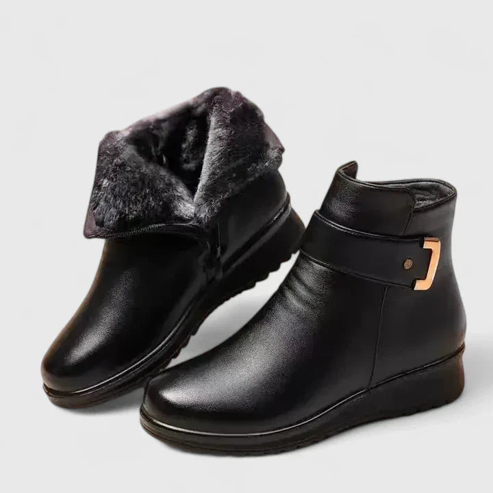 Women's Ankle Boots with Buckle Detail and Faux Fur Trim - 2
