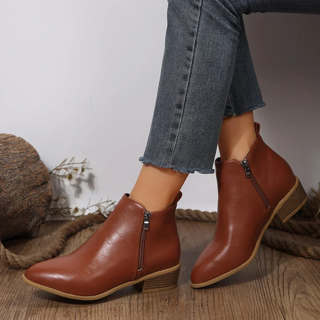 Women's Ankle Boots with Side Zip and Block Heel - Brown