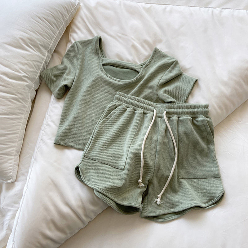 Women's Ribbed Loungewear Set Short Sleeve with Shorts - Green
