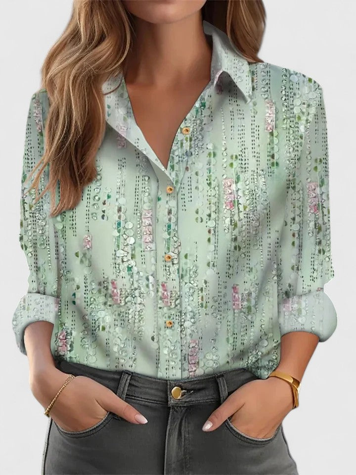 Women's Blouse Loose Fit with Long Sleeves and Point Collar - Green