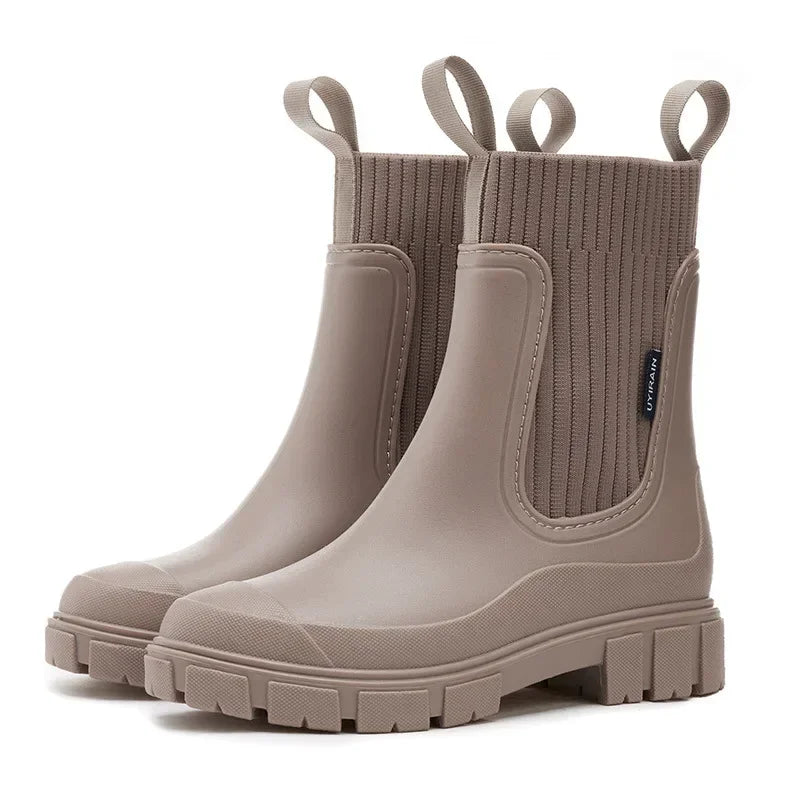 Women's Chelsea Rain Boots with Elastic Panels and Comfort Sole - Taupe