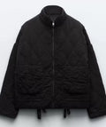 Women's Quilted Jacket with Pockets and Drawstring Waist - Black