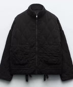 Women's Quilted Jacket with Pockets and Drawstring Waist - Black