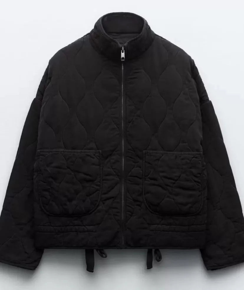 Women's Quilted Jacket with Pockets and Drawstring Waist - Black