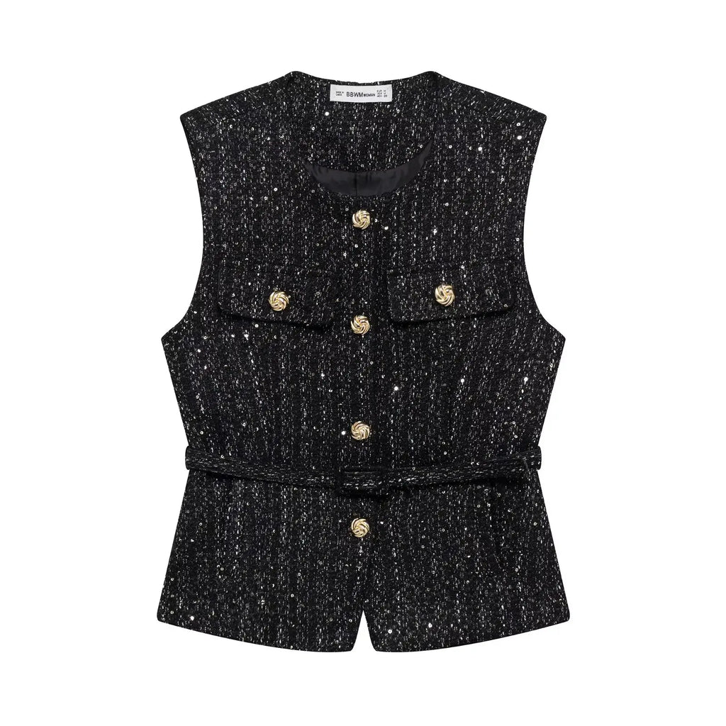 Women's Sleeveless Belted Blazer Vest with Round Neck and Front Buttons - Black