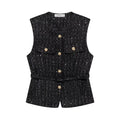 Women's Sleeveless Belted Blazer Vest with Round Neck and Front Buttons - Black