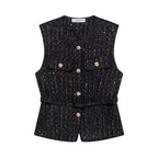 Women's Sleeveless Belted Blazer Vest with Round Neck and Front Buttons - Black