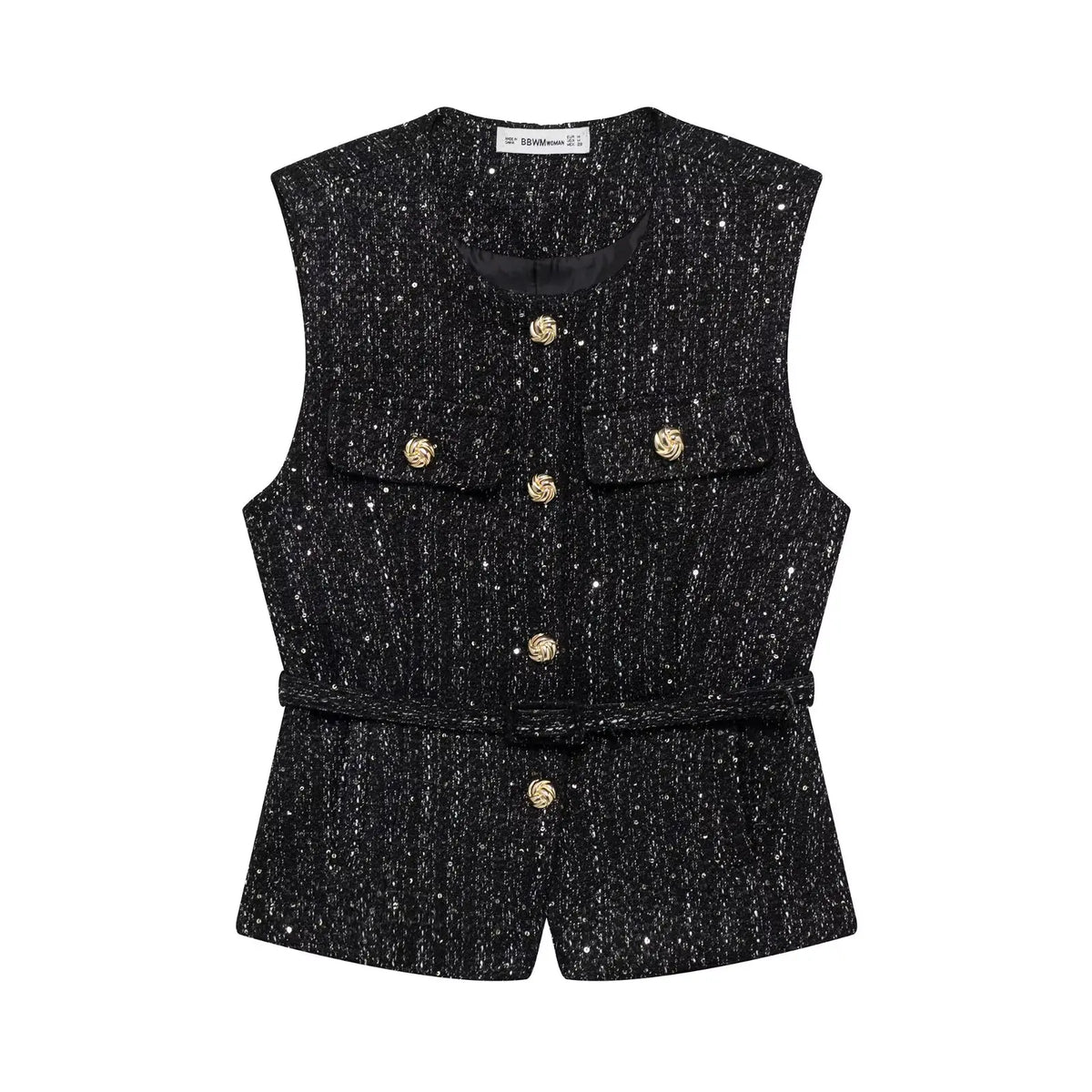 Women's Sleeveless Belted Blazer Vest with Round Neck and Front Buttons - Black