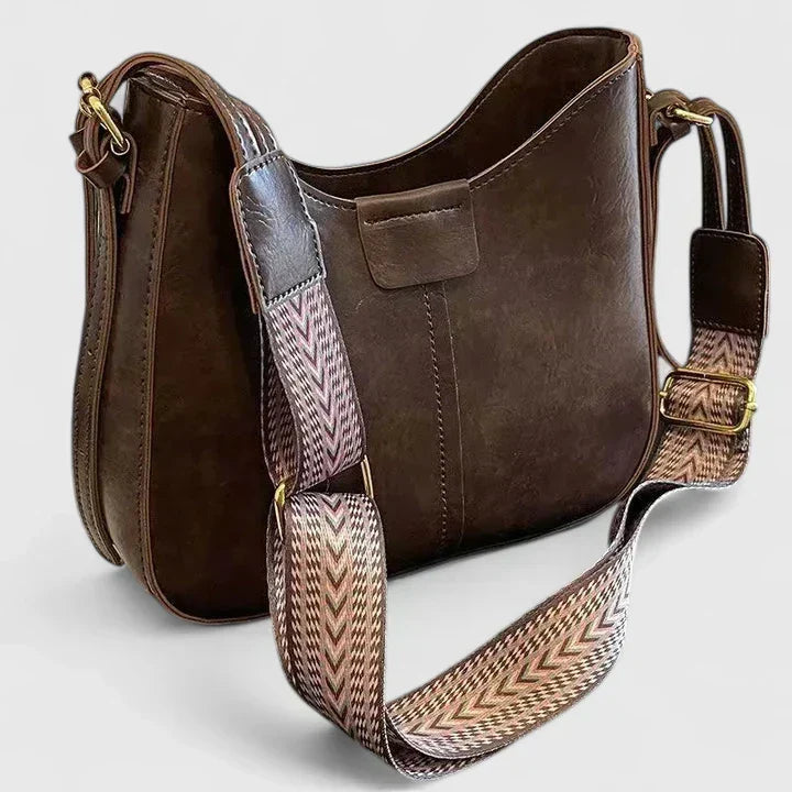 Women's Shoulder Bag with Curved Silhouette and Adjustable Strap - Dark Brown
