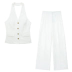 Women Halter Waistcoat and Trouser Co-ord Set with Wide Leg - White